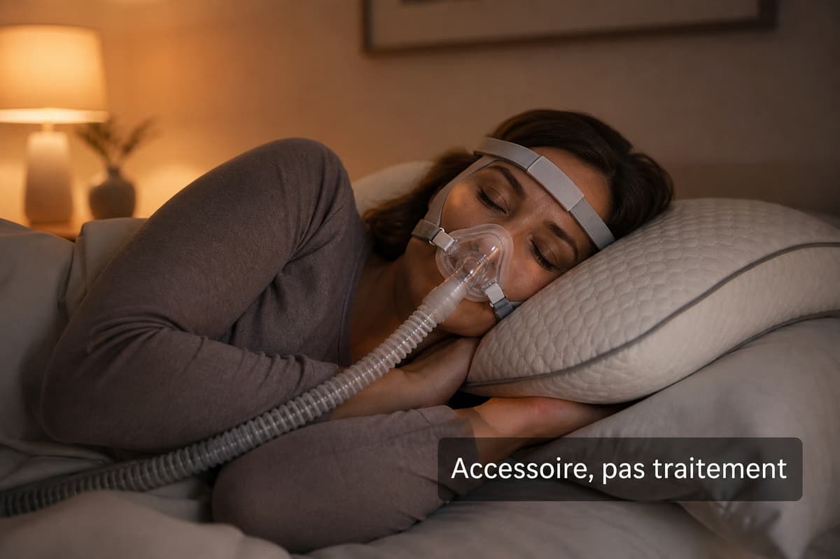Personne endormie sur le côté portant un masque PPC/CPAP, la tête posée sur un oreiller maintenant l