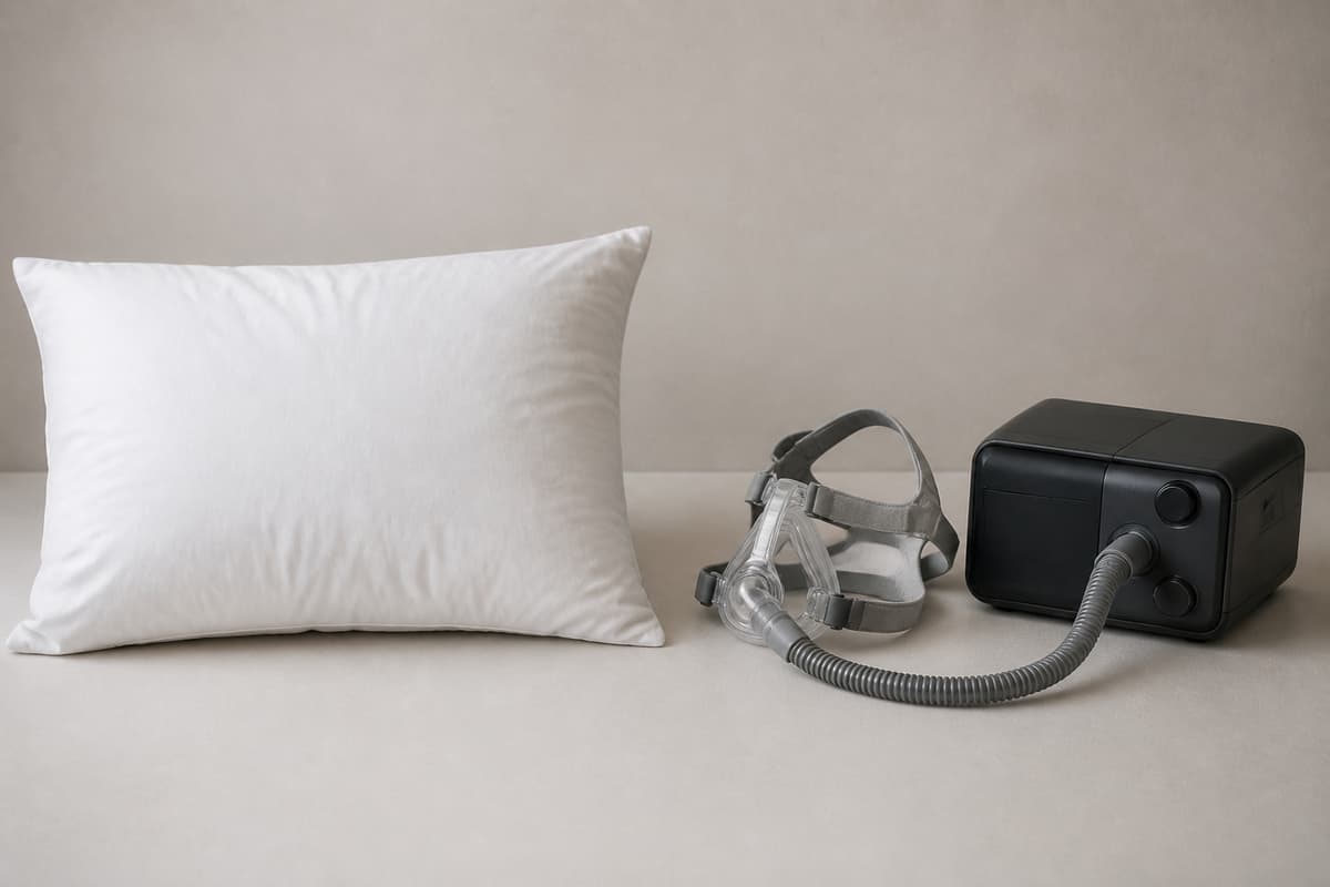 Oreiller et masque PPC/CPAP relié à un appareil posés côte à côte sur une surface neutre, séparés visuellement.