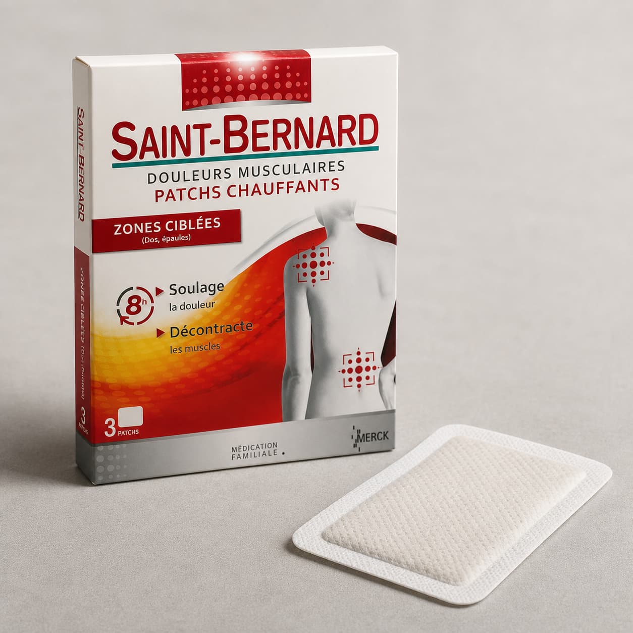 Emballage du patch chauffant Saint-Bernard avec logo et un patch déplié montrant sa surface chauffante.