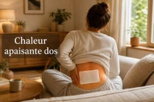 Personne de dos portant un patch chauffant sur le bas du dos, dans un cadre domestique confortable, avec des ondes de chaleur et l'inscription 'Chaleur apaisante dos'.