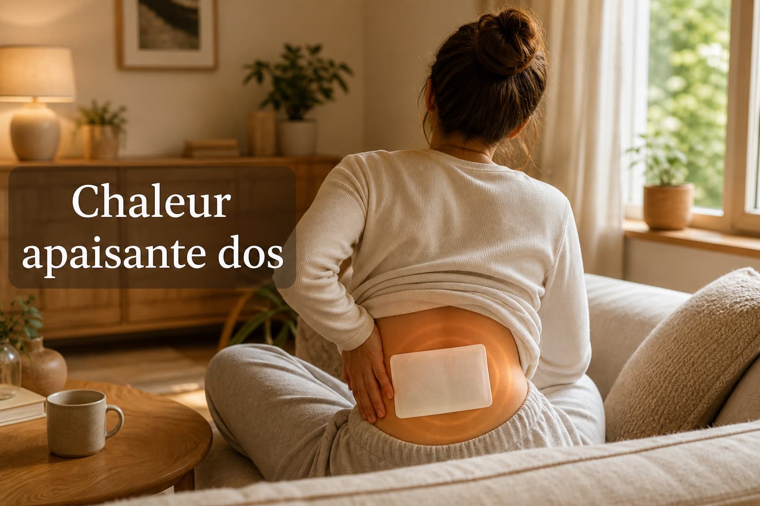 Personne de dos portant un patch chauffant sur le bas du dos, dans un cadre domestique confortable, avec des ondes de chaleur et l