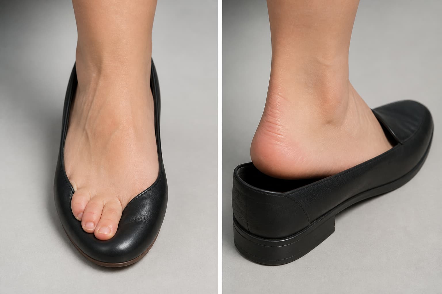Deux pieds côte à côte, l’un comprimé dans une chaussure étroite, l’autre avec le talon décollé dans une chaussure trop grande.