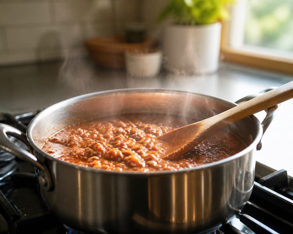 Casserole en inox contenant un plat chaud dégageant de la vapeur, posée sur une plaque de cuisson, avec une cuillère en bois.