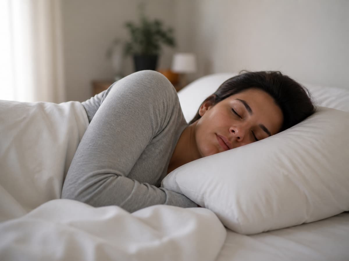 Dormeur allongé sur le côté, la tête posée sur un oreiller dont la hauteur maintient un alignement neutre entre la tête, le cou et les épaules.