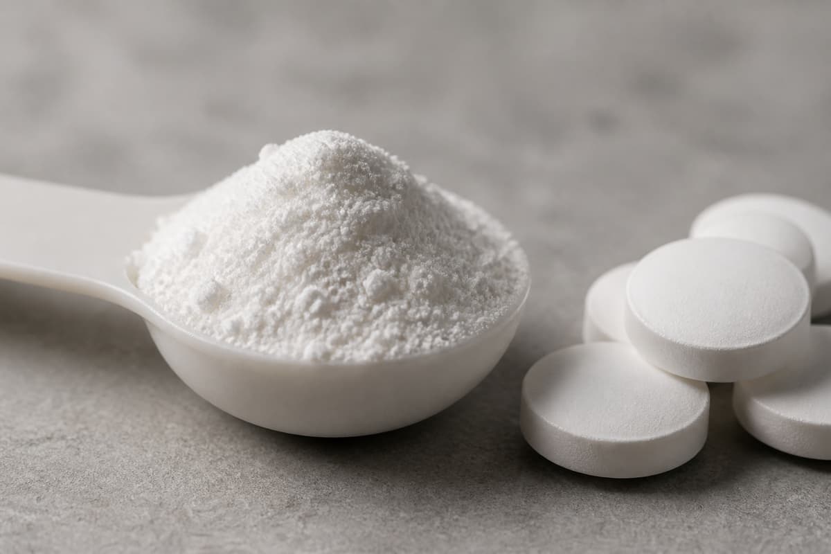 Cuillère-dose remplie de poudre blanche fine posée à côté de comprimés blancs lisses sur une surface neutre.