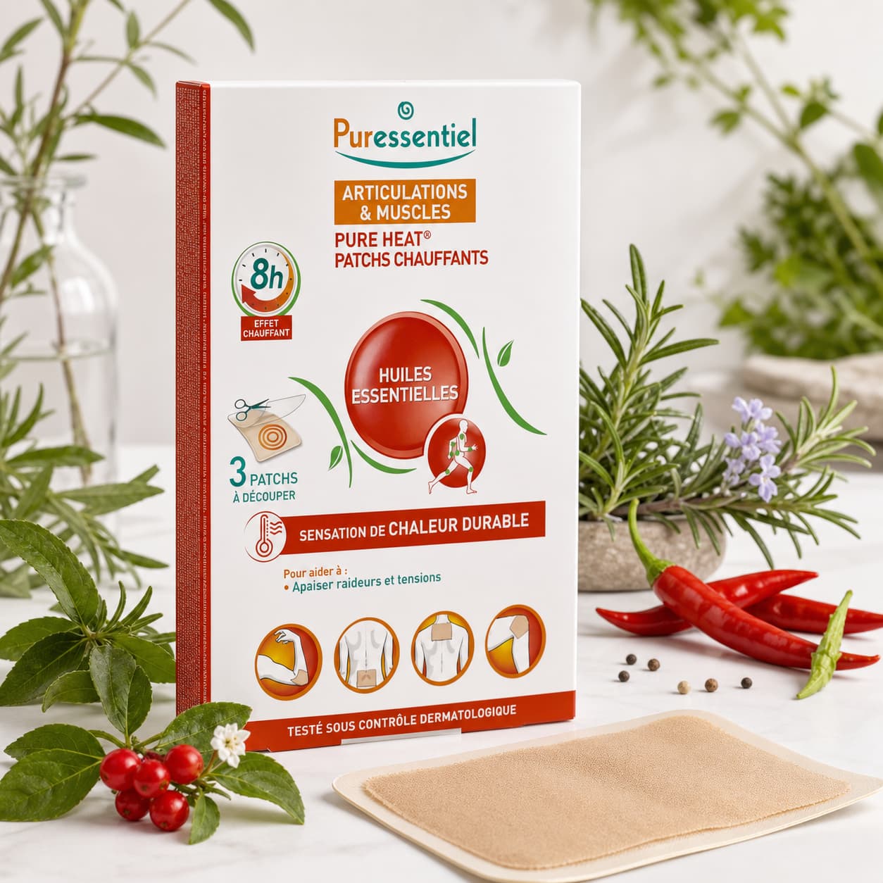 Boîte du patch chauffant Puressentiel pour articulations et muscles, avec un patch déplié présentant des illustrations de plantes et d