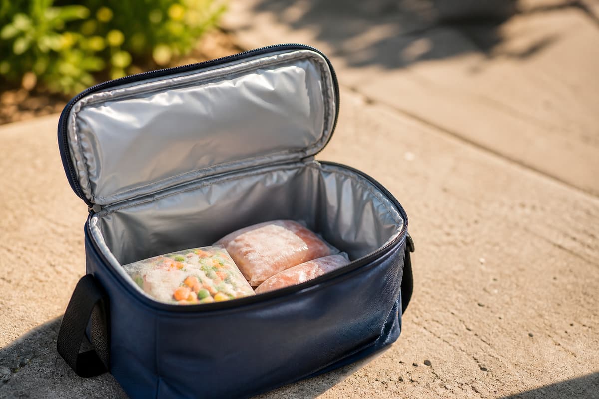 Sac isotherme entrouvert exposé au soleil avec seulement quelques produits surgelés à l'intérieur.