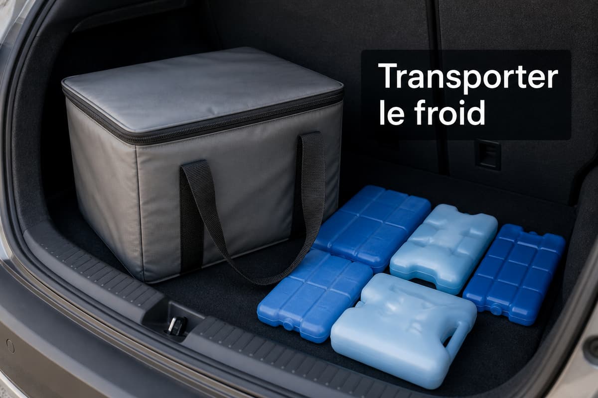 Sac isotherme fermé posé dans un coffre de voiture, avec des pains de glace à côté, et le texte « Transporter le froid » affiché en surimpression.