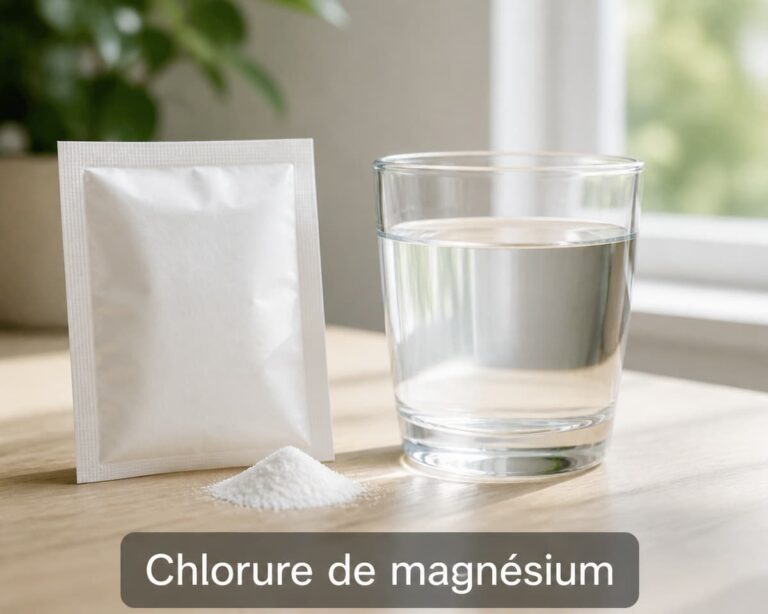 Sachet de chlorure de magnésium et verre d’eau transparent posés sur une table claire, avec le texte « Chlorure de magnésium » en surimpression.