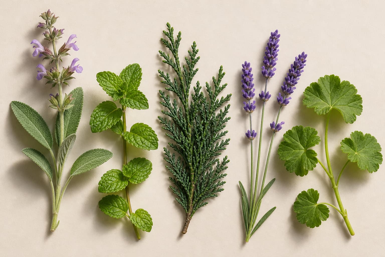 Composition de brins frais de sauge sclarée, menthe poivrée, cyprès, lavande vraie et géranium disposés sur un fond neutre.