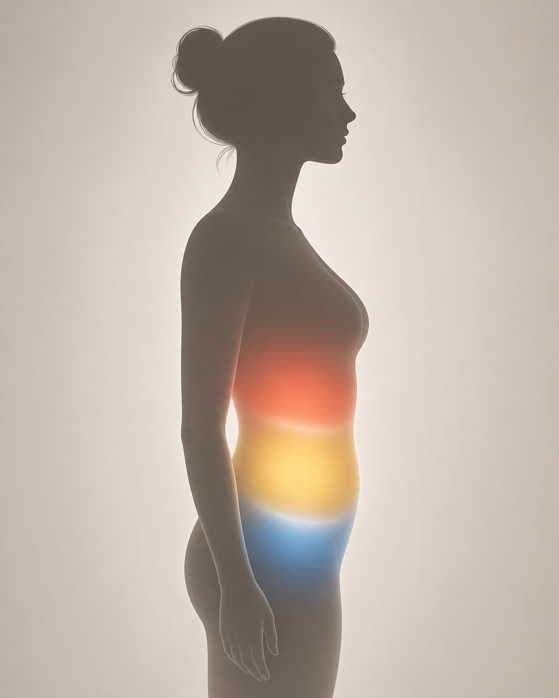 Silhouette humaine de profil avec trois zones abdominales colorées représentant différents types de symptômes digestifs.