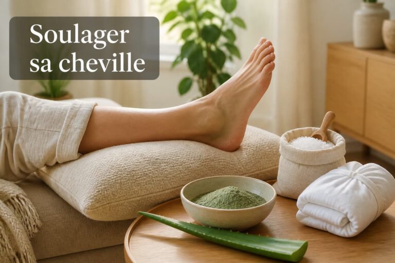 Une cheville surélevée sur un coussin, entourée d'un bol d'argile verte, d'une feuille d'aloe vera, d'un sac de sel d'Epsom et d'une poche de froid enveloppée dans un linge, dans un intérieur chaleureux, avec le texte « Soulager sa cheville » affiché.