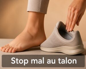 Vue latérale d'un pied nu reposant à côté d'une chaussure ergonomique, une main pressant doucement le talon pour soulager la douleur, avec le texte 'Stop mal au talon' incrusté sur un bandeau translucide, sur fond neutre.