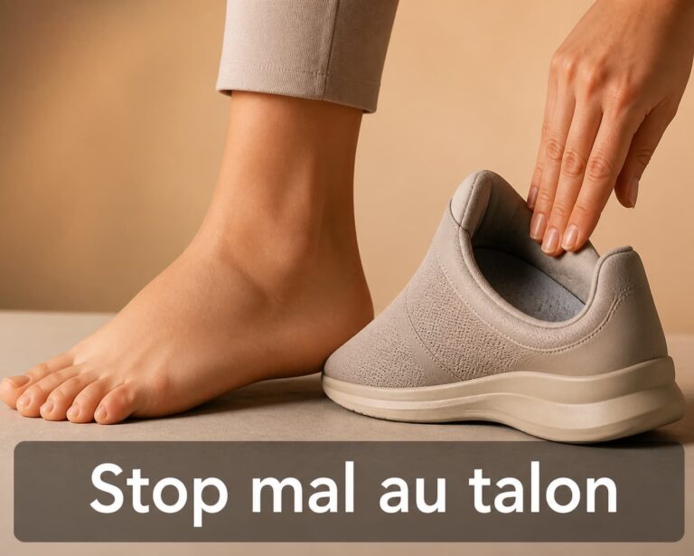 Vue latérale d'un pied nu reposant à côté d'une chaussure ergonomique, une main pressant doucement le talon pour soulager la douleur, avec le texte 'Stop mal au talon' incrusté sur un bandeau translucide, sur fond neutre.
