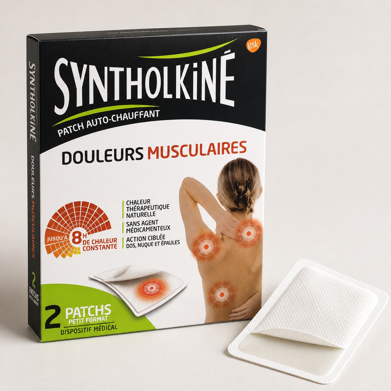 Boîte de patchs chauffants SyntholKiné et patch déplié montrant son adhésif.