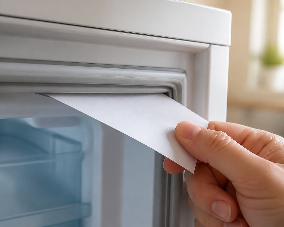 Main tenant une feuille de papier entre le joint en caoutchouc et la paroi d'un congélateur pour tester l'étanchéité.