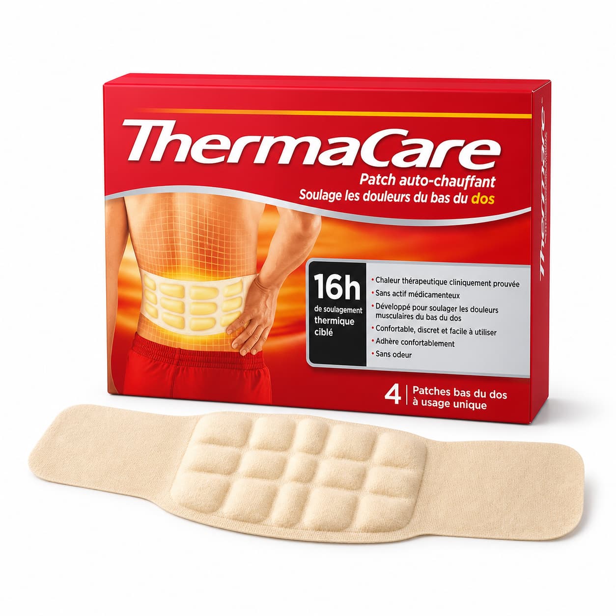 Boîte de patchs ThermaCare posée sur une surface neutre, avec un patch déplié devant, montrant sa forme rectangulaire et la mention